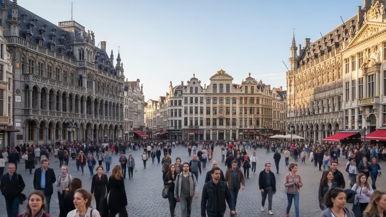 Bustling Urban Square at Sunset: A Vibrant Scene of People Engaging in Leisure and Activity, Showcasing Architectural Beauty and Lively Atmosphere