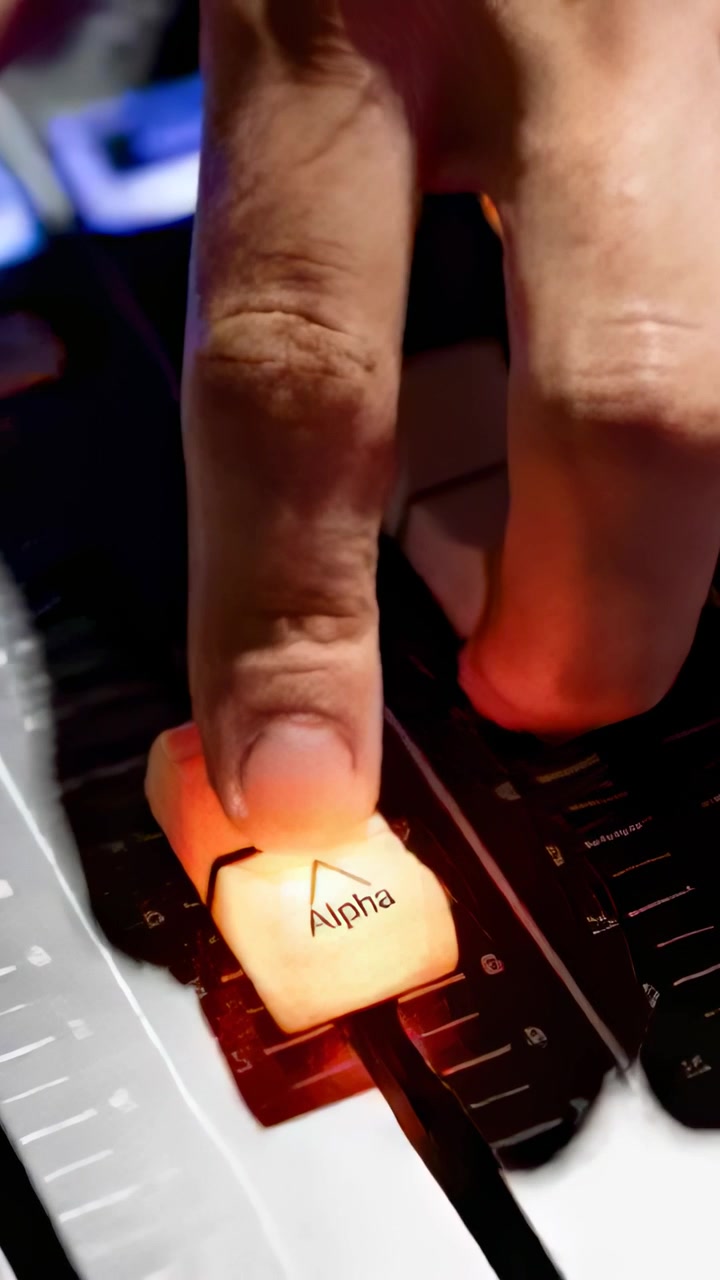 Vertikal video: Finger nærmer sig og trykker på Alpha-knappen på en mixerkonsol, justerer kanalens niveau.