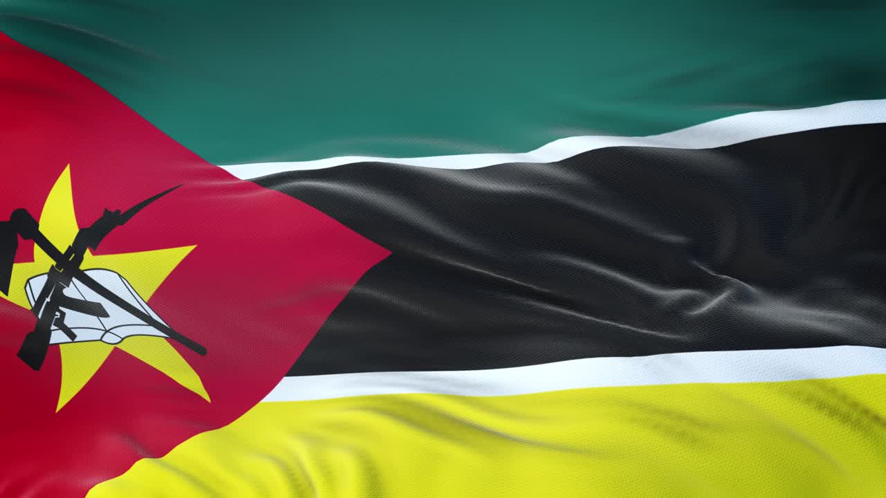 Bandiera del Mozambico che sventola al vento con texture del tessuto altamente dettagliata. Loop senza soluzione di continuità