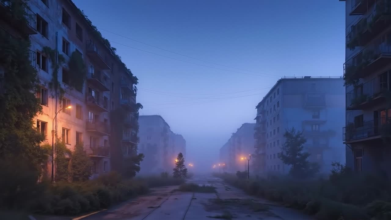 A foggy street in an abandoned city at night