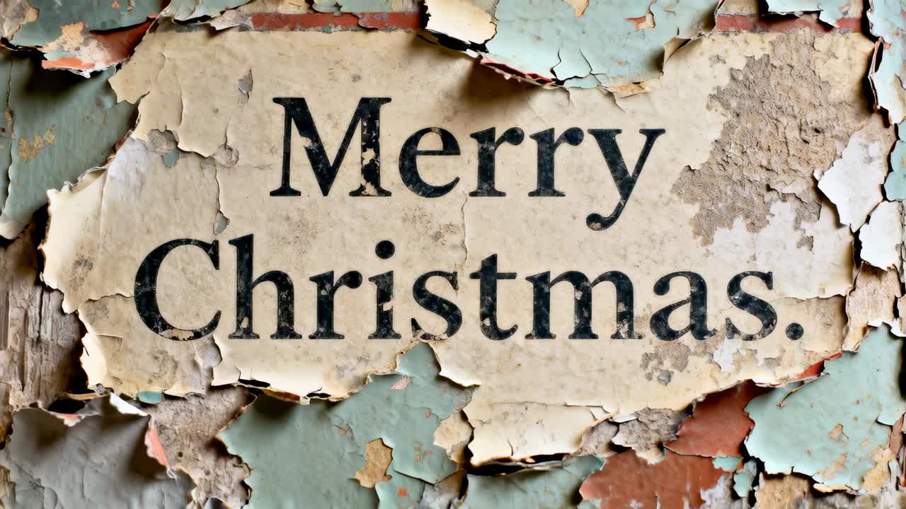 Panning camera revealing painted Merry Christmas sign on plaster wall, centering lettering