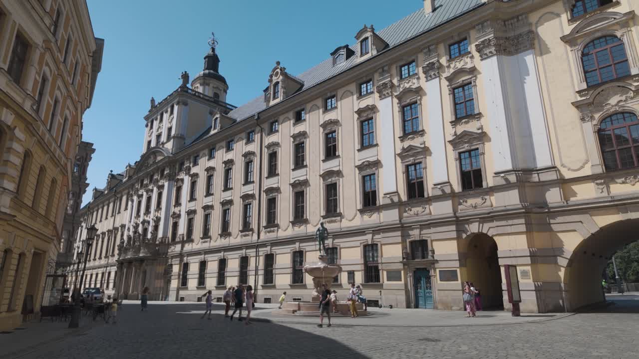 University Square in Wroclaw, Poland, showcasing historic architecture and vibrant atmosphere on a sunny day. Visitors enjoy the scenic buildings and open space.