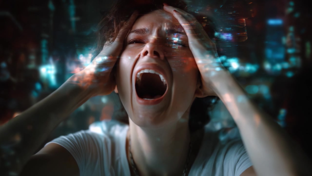 Intense Emotional Struggle Captured in Two Frames, Showcasing Distress and Inner Turmoil Amidst a Dreamlike Digital Environment