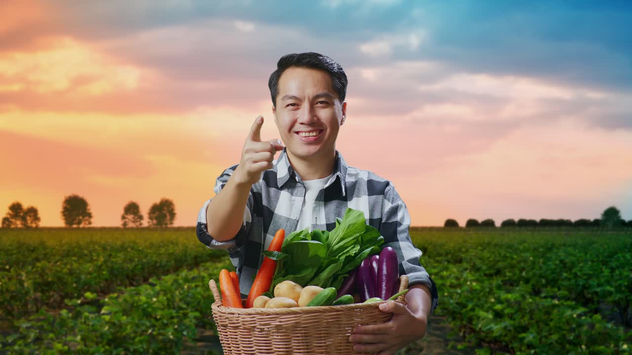 신선 한 채소 를 가진 행복 한 농부