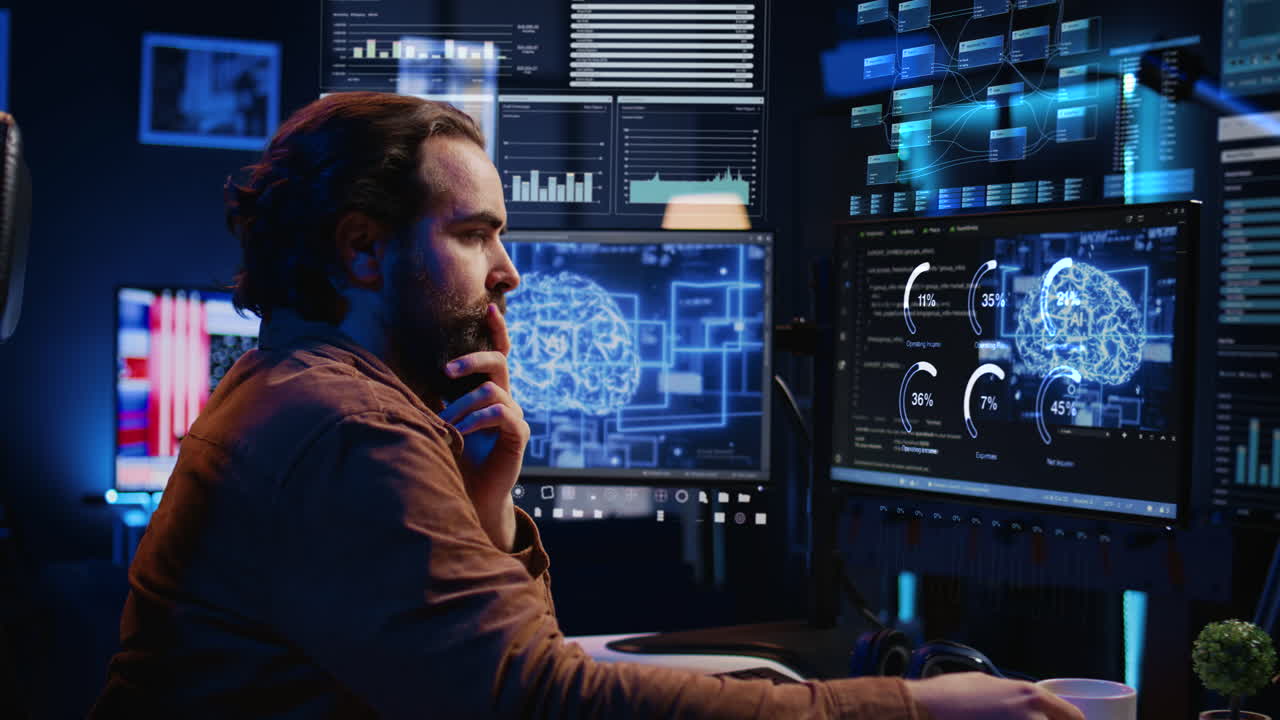 Freelance Programmer Using Computer, Interacting With Artificial Intelligence