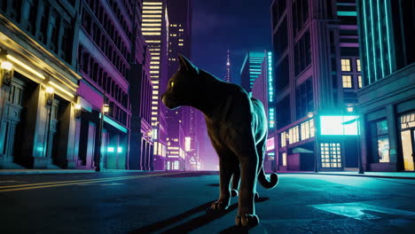 black cat in a neon cyberpunk city