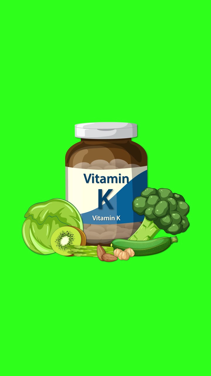 Bottiglia di Vitamina K con verdure verdi su sfondo verde vibrante, transizioni fluide, telecamera statica