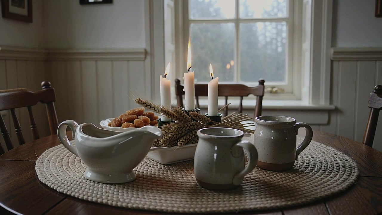 Moving camera pushing closer to round wooden table at home, revealing candles, pastries, gravy boat