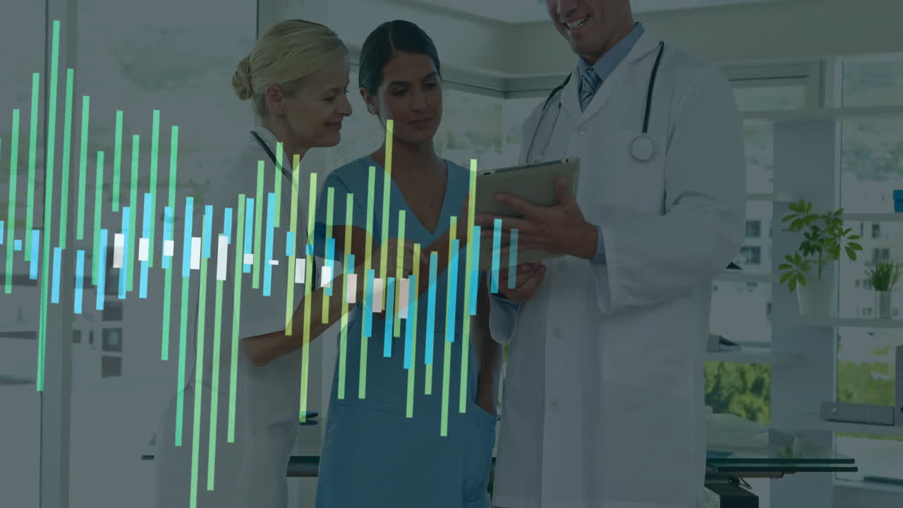 Three medical professionals examining tablet in clinic, displaying animated vertical data charts