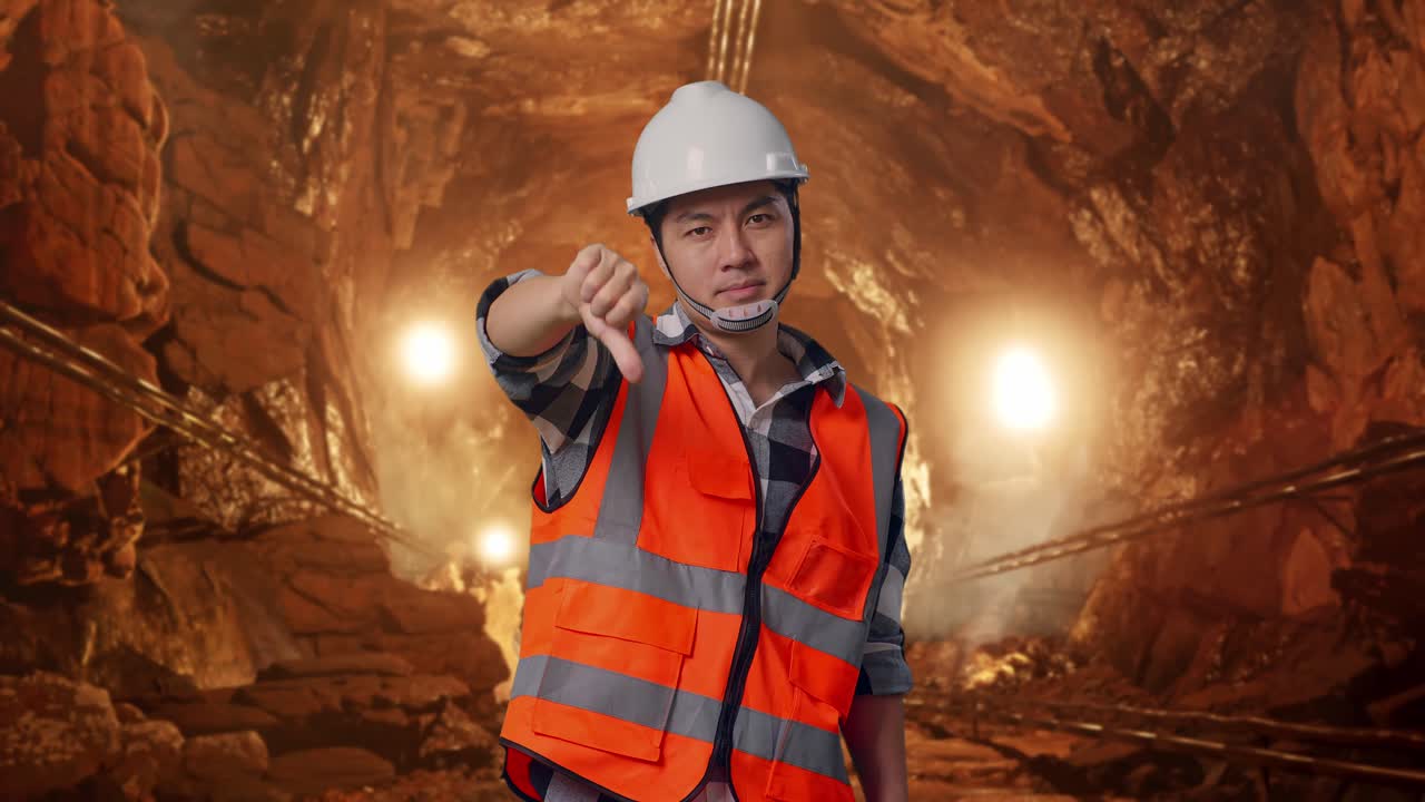 Asian Male Engineer With Safety Helmet Showing Thumbs Down Gesture And Shaking His Head While Standing In Underground Mine Tunnel