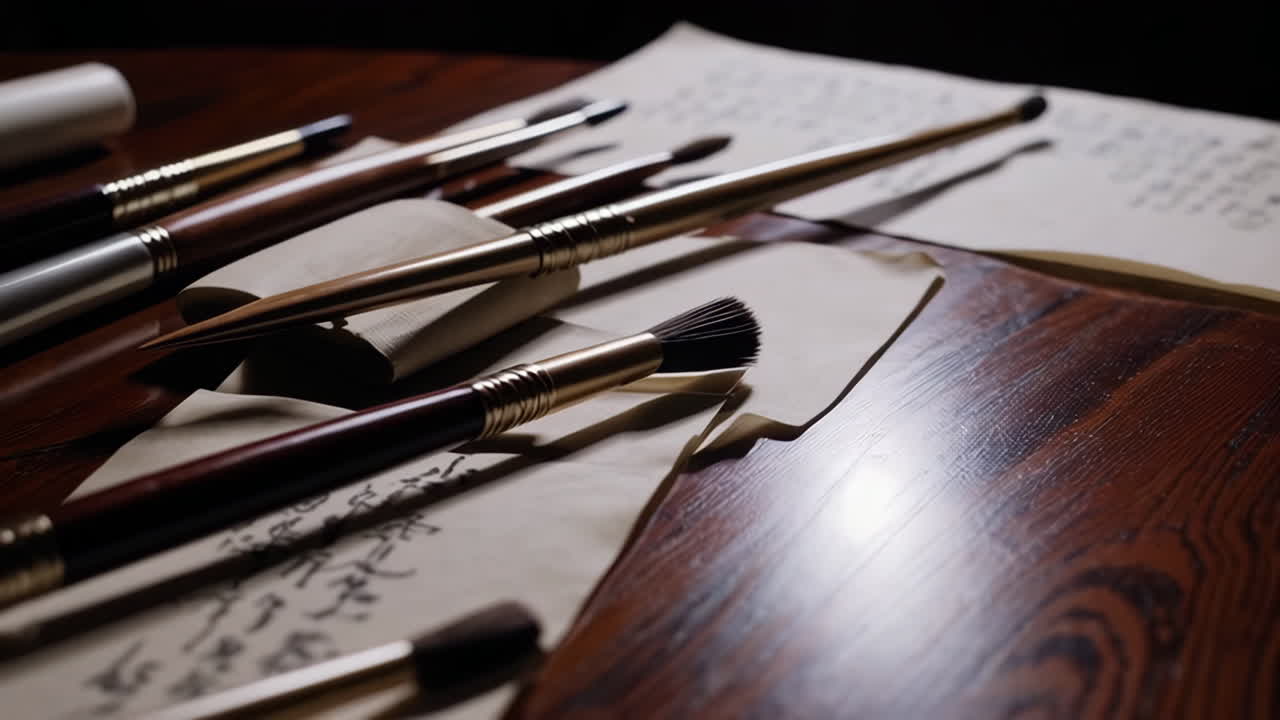Artistic Paintbrushes and Calligraphy Scrolls on Wooden Table