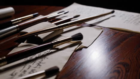 artistic paintbrushes and calligraphy scrolls on wooden table