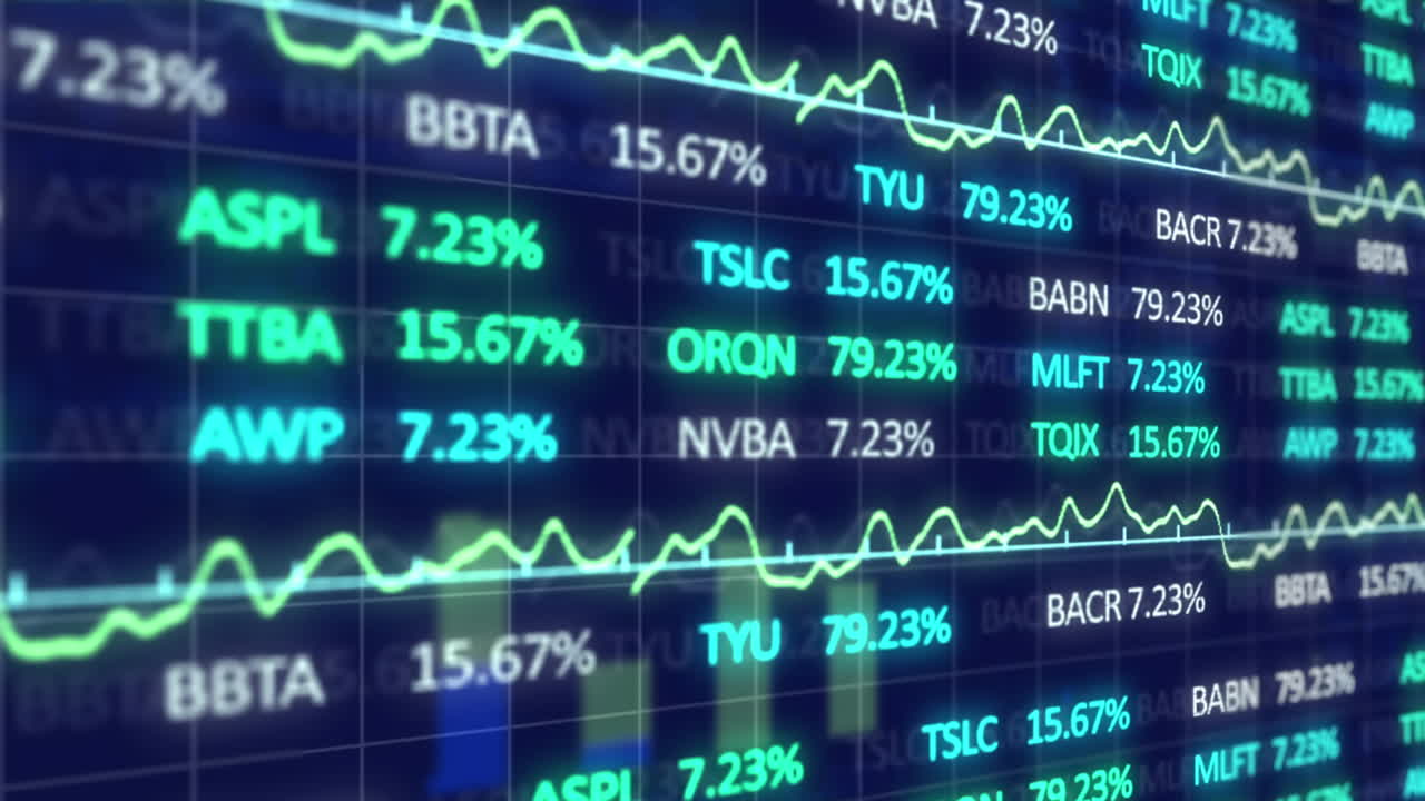 Animazione di elaborazione di dati statistici e di borsa su rete a griglia su sfondo blu