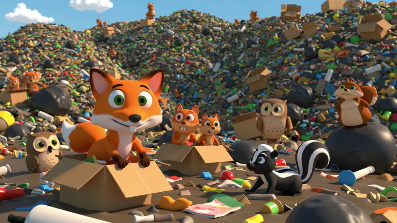 Animated critters explore a vibrant yet chaotic landscape of garbage, balancing playfulness and environmental themes while navigating mountains of colorful waste