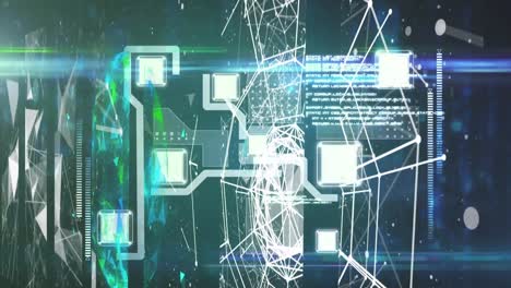 animación de circuitos integrados sobre formas y luces en espacio digital negro y verde
