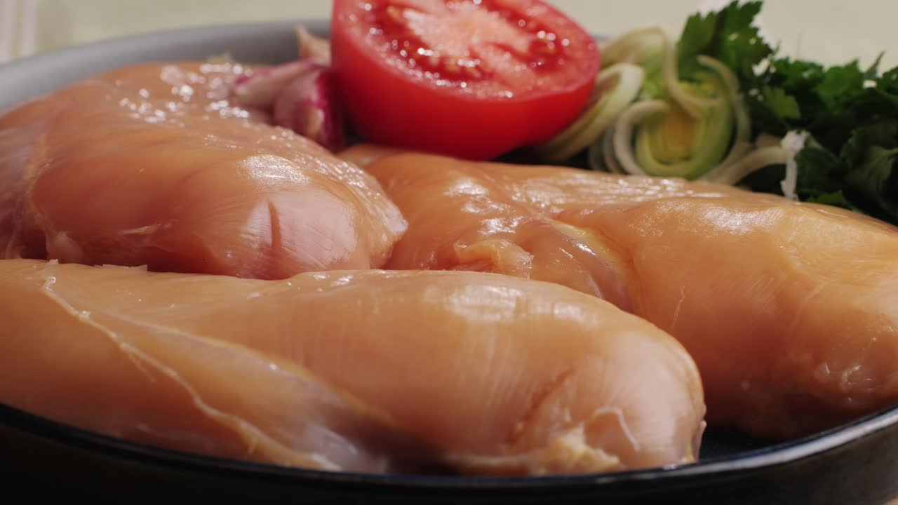 Raw chicken meat on plate close-up. Preparing raw food for cooking. Grilled chicken, duck, turkey kebab with vegetables.