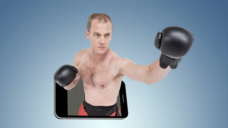 animación de un boxeador caucásico en un teléfono inteligente sobre un fondo azul