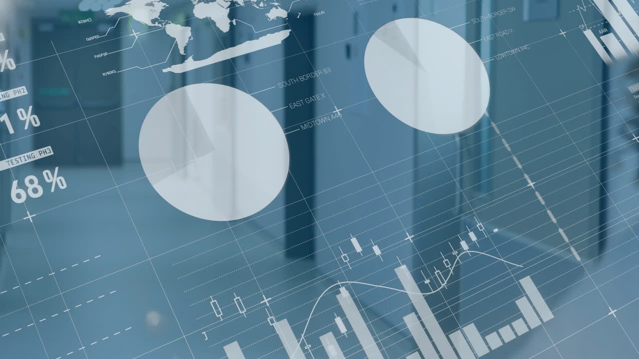 Animation of data processing and diagrams over diverse female doctor and patient walking