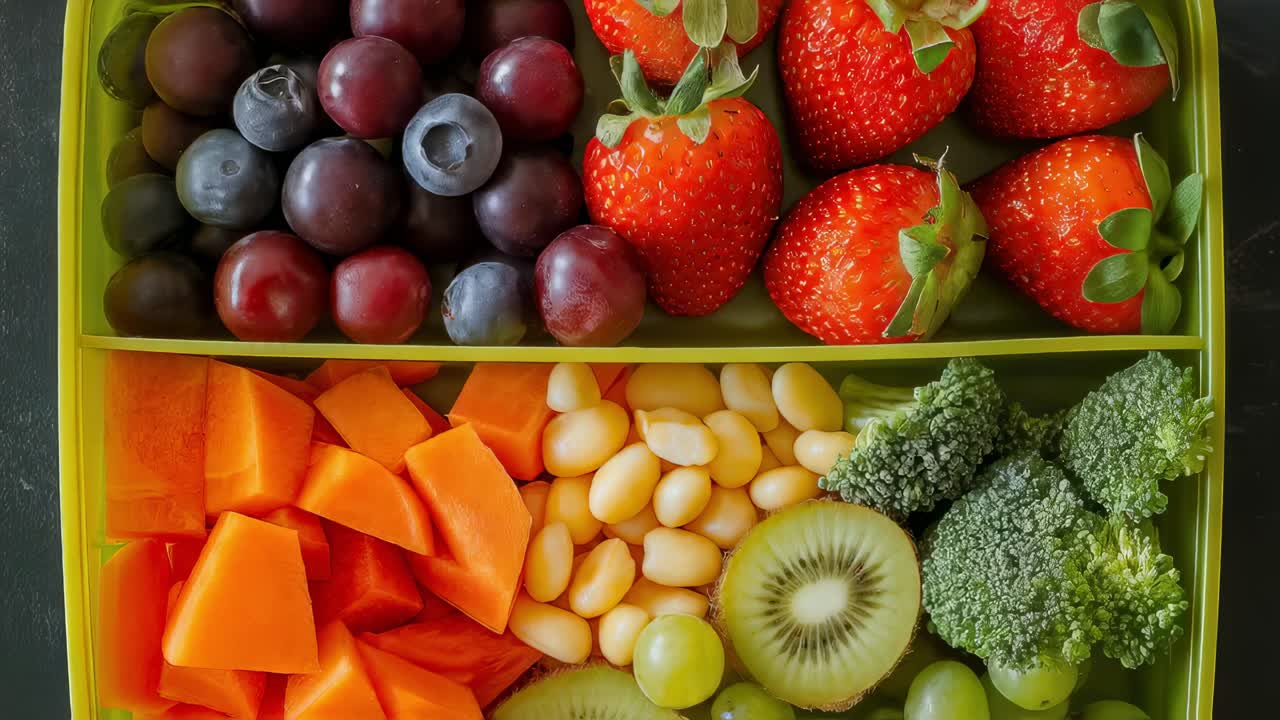 Green lunchboxes filled with various healthy food including strawberries, blueberries, papaya, corn and broccoli, isolated on a dark background