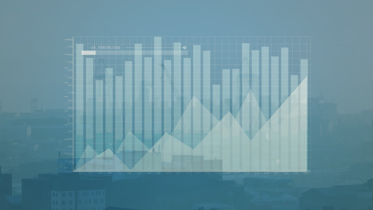 Animation of statistical data processing against aerial view of cityscape