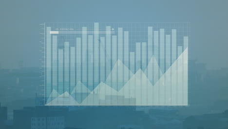 animation of statistical data processing against aerial view of cityscape