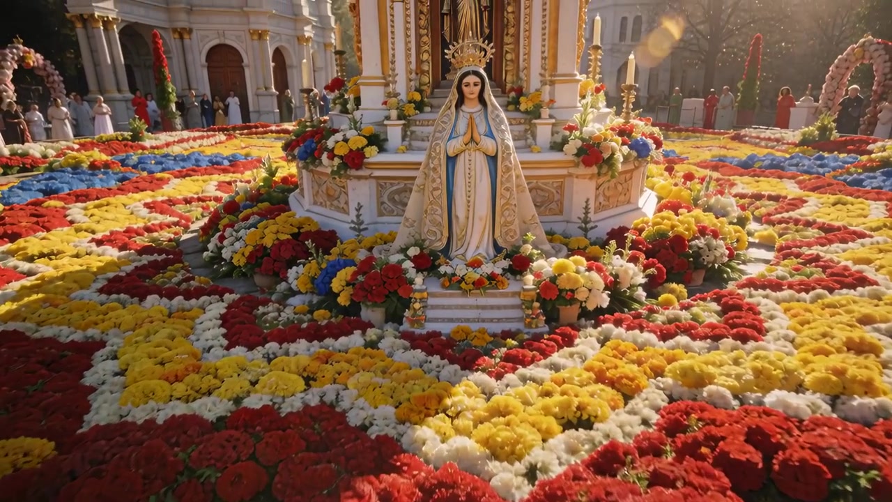 Telecamera in movimento che si avvicina alla statua della Madonna nel sagrato della chiesa, rivelando un tappeto di fiori e assistenti in abito.