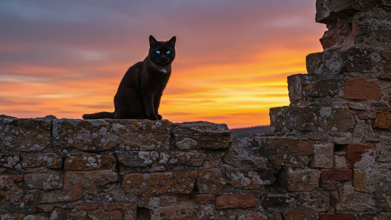 A Mysterious Cat with Glowing Eyes Roams Along Ancient Stone Walls Beneath a Vibrant Sunset Sky, Blending Natural Beauty with Intrigue and Wonder