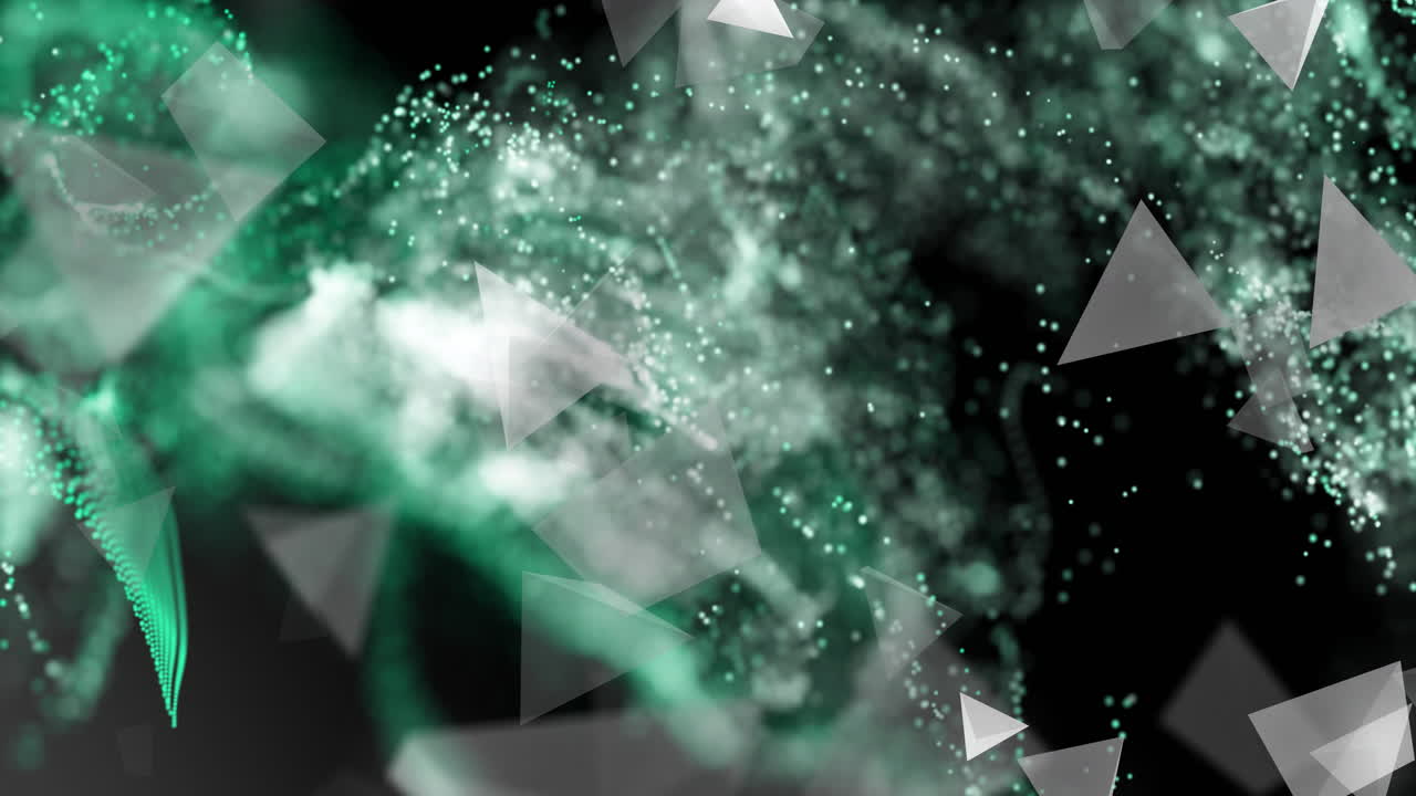 Abstract particle clouds swirling in 3D render space, with translucent triangles and dot matrices