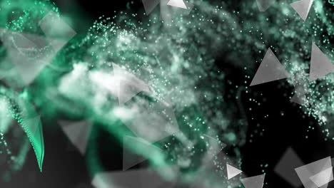 abstract particle clouds swirling in 3d render space, with translucent triangles and dot matrices