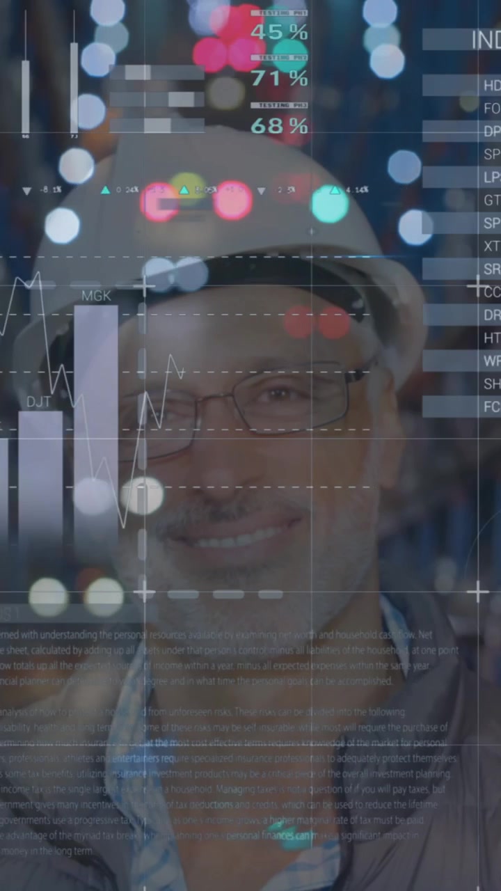 Animation of graphs and financial data over happy caucasian male warehouse worker