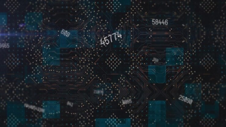 Animation of computer circuit board and data processing on black background