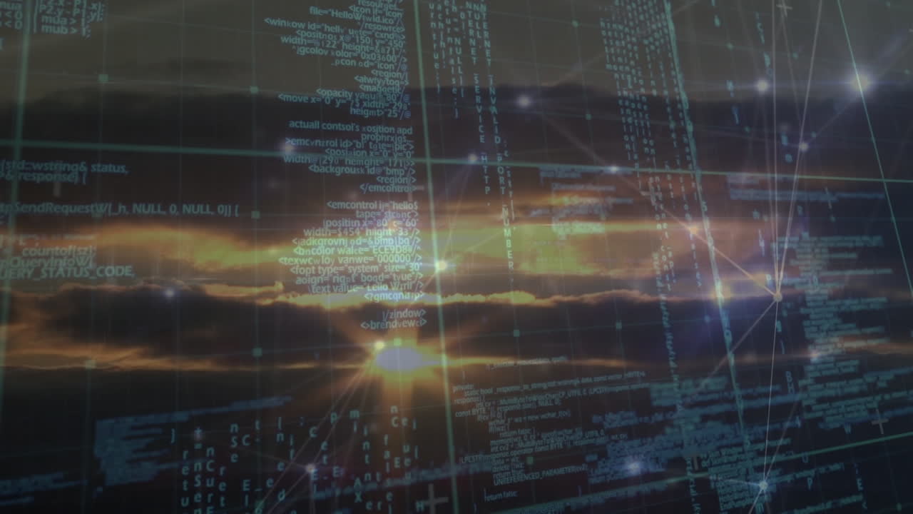 Animation of data processing, networks of connections over landscape