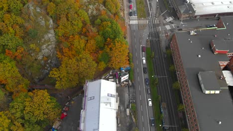 aerial static over tram railway in gothenburg during autumn