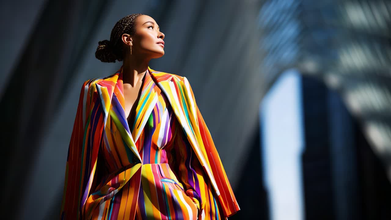 A confident woman stands poised in a vibrant, striped suit, capturing the essence of modern fashion against a backdrop of architectural elegance and dynamic urbanity