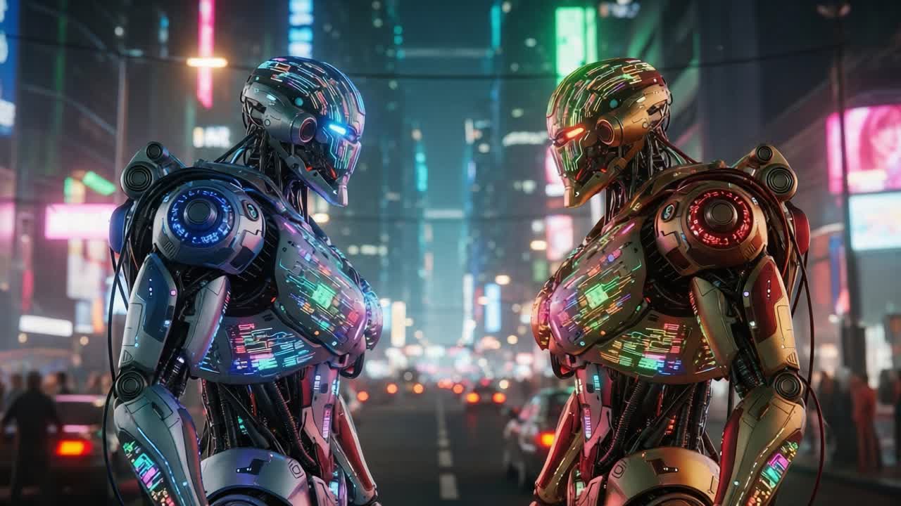 A Futuristic Showdown: Two Intricate Robots Face Off in a Neon-Lit Cyber City, Showcasing Advanced Technology and Futuristic Designs in a Vibrant Metropolis Setting