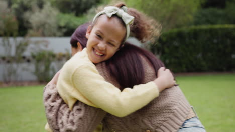 family, hug and a girl running to her mother