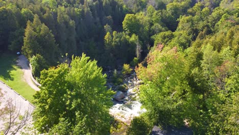 Río-De-Montaña-Que-Fluye,-Drones-Aéreos-Volando-Cerca-De-Los-árboles