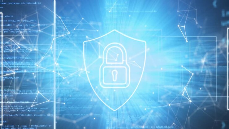 Animazione di icona lucchetto di sicurezza, rete di connessioni e icone digitali su sfondo blu.