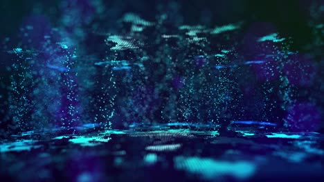 flujo de datos azul 3d bg como espacio digital. fondo azul de alta tecnología con partículas brillantes forman estructura compleja. concepto de fondo de ciencia ficción de flujo de información de alta tecnología, blockchain, ciencia de datos. dof