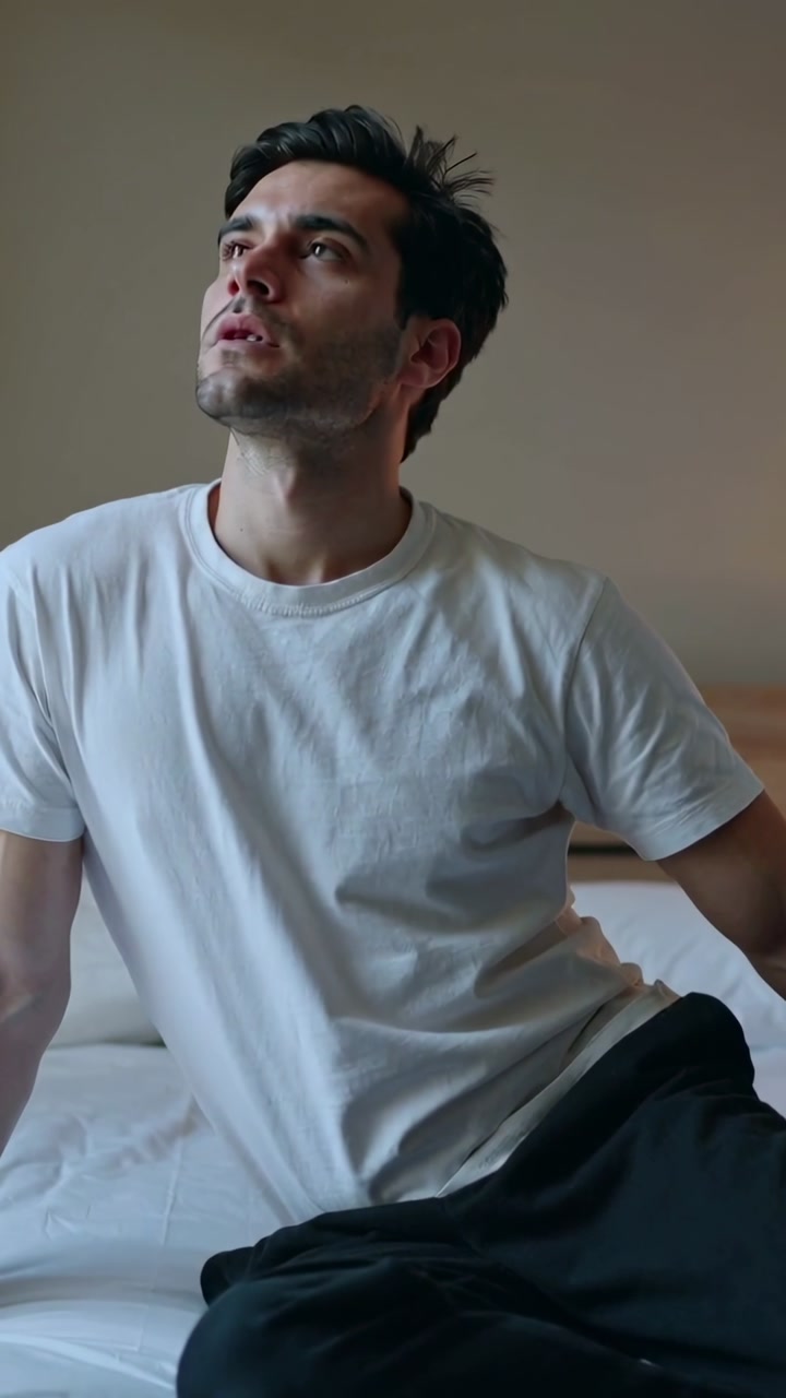 Vertical video: Tilting head, man in white tee lifting chin and gazing up at home on bed, thinking