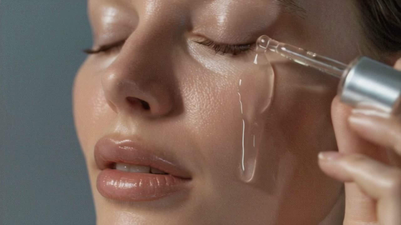 The video showcases a close-up of a person applying serum to their face, highlighting skincare