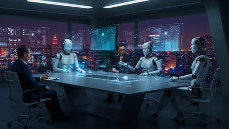 in a futuristic boardroom, a group of advanced robots and a human strategist engage in a high-tech discussion, illuminated by city lights and augmented reality interfaces