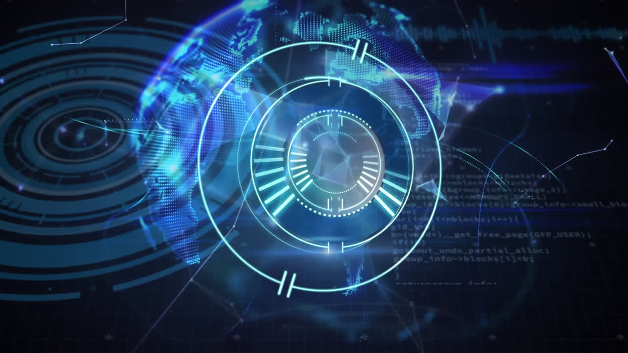 Animation of neon round scanner and data processing against plexus networks on black background