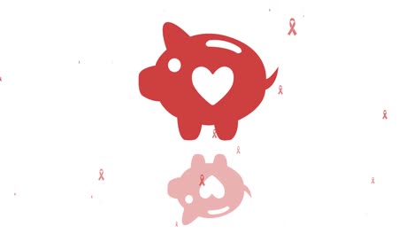 animation of piggy bank with heart and cancer ribbons icons over white background