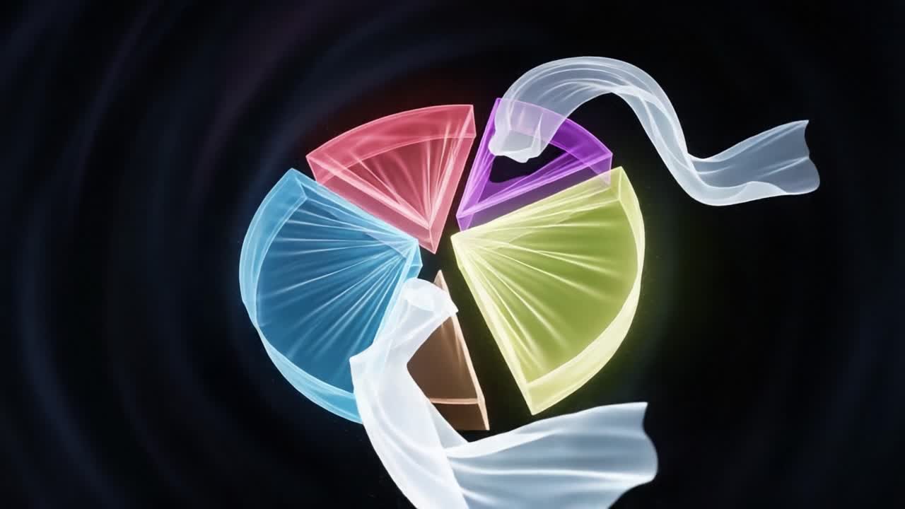 Visually Striking Abstract Representation of Colorful Geometric Shapes with Ethereal Wisps, Conveying Dynamic Movement and Energy in a Dark Background