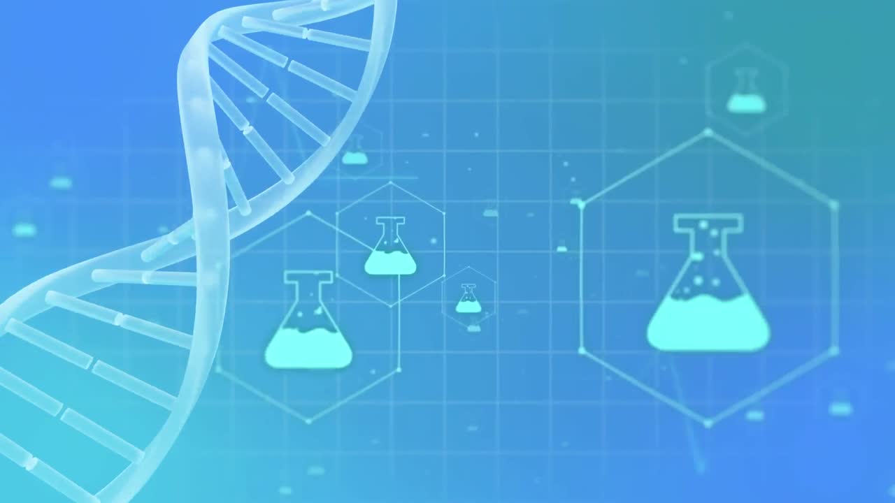 Animation of 3d micro of dna strand and chemistry icons on blue background