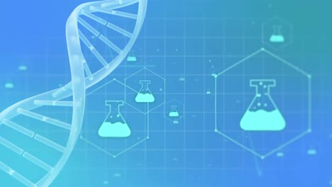 animation of 3d micro of dna strand and chemistry icons on blue background