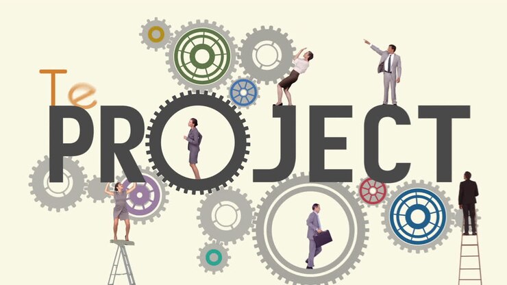 Business people running and turning cogs