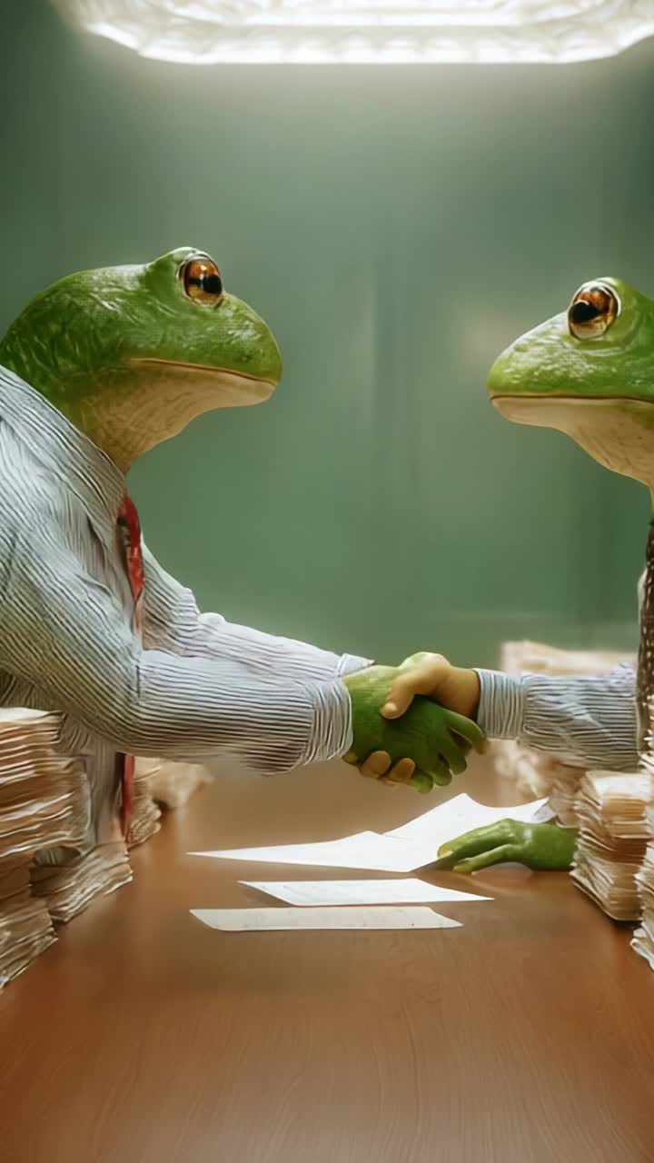 Una reunión surrealista de dos ranas de negocios con traje dándose la mano sobre papeleo, que simboliza la singularidad en las interacciones profesionales