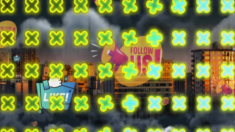 animación de texto de redes sociales y cruces que giran sobre el fondo del paisaje urbano